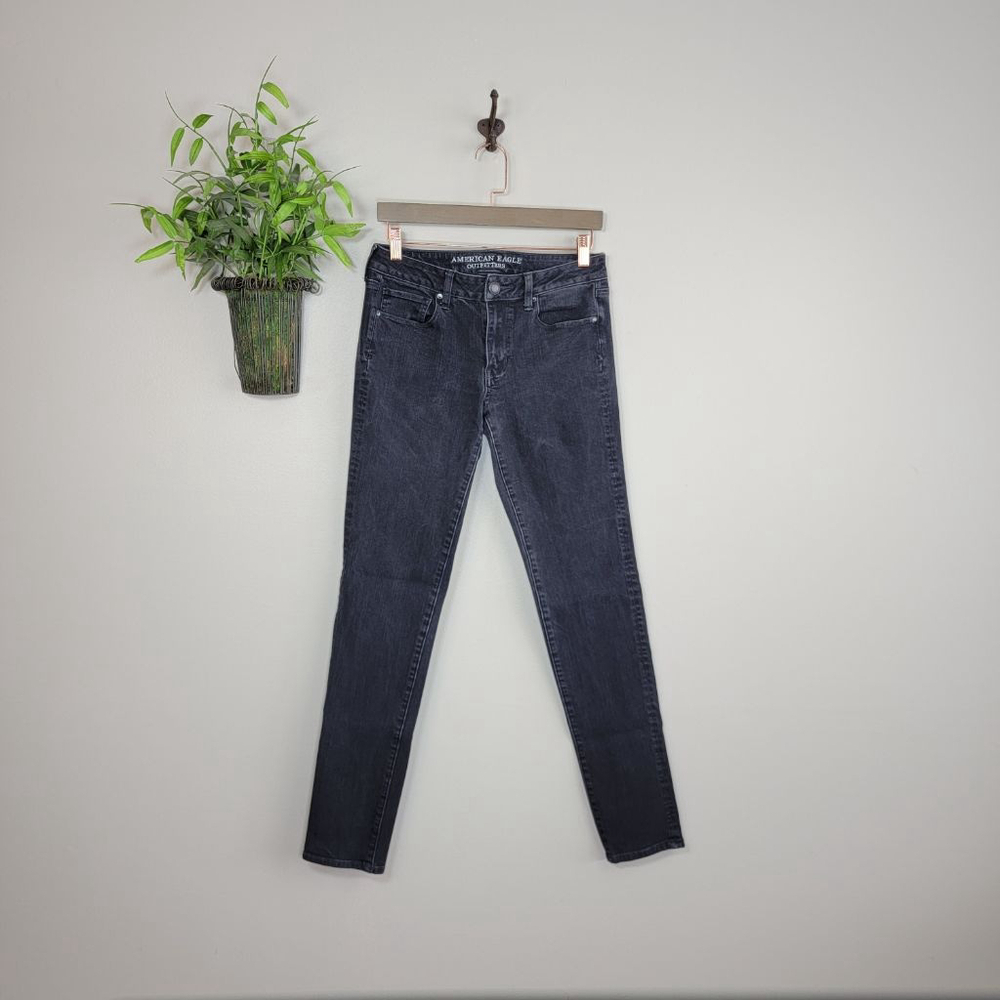 American Eagle Skinny Jeans Jegging Mid Rise Black Wash Stretch Denim AE 8 Long